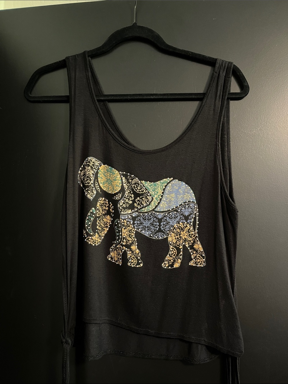 Black Tank Top with Decorative Multi-Color Elephant Print